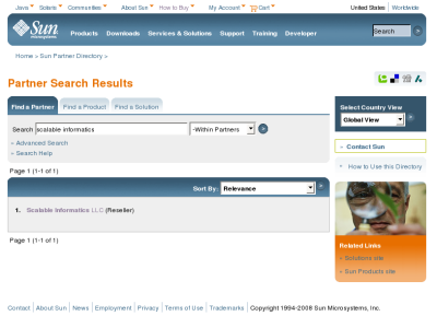 Scalable Informatics listing in Sun Reseller list